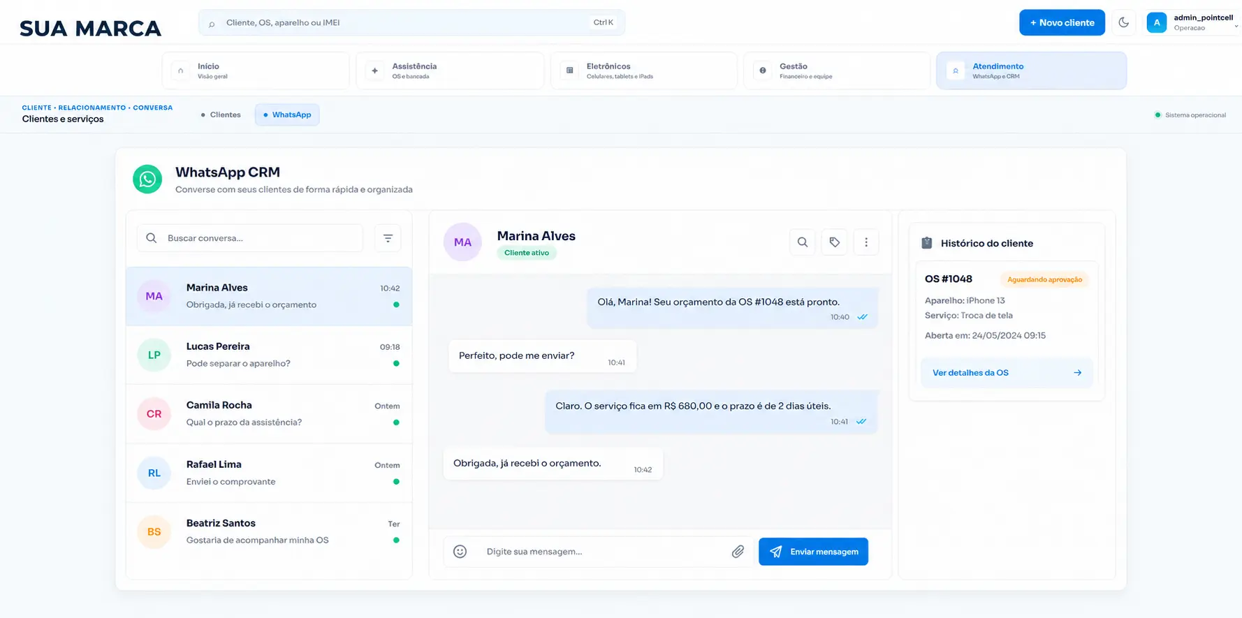 Tela do WhatsApp CRM preenchida com conversas demonstrativas